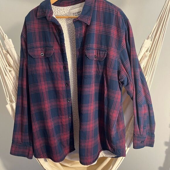 Old Navy Men's Plaid Shirt - Red and Blue Sherpa ButtonDown - Picture 1 of 5